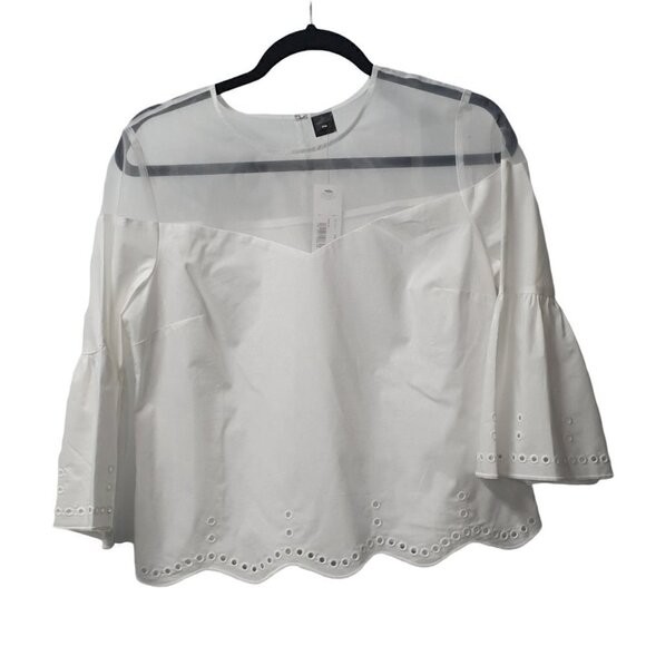 NEW Worthington White Sheer Cotton Eyelet Boho Top Bell Sleeve Petite Medium - Picture 1 of 9